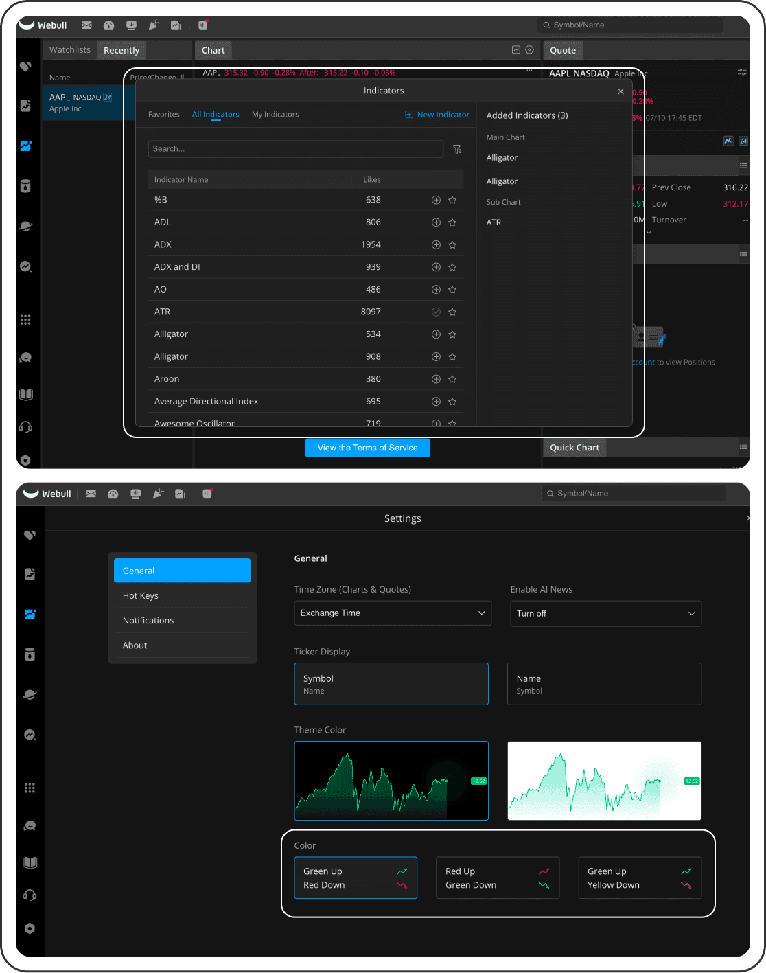 Two screenshots of Webull. The first shows a searchable indicator library with dozens of entries. The second shows a settings page with a colour option offering green up with red down, red up with green down, or green up with yellow down.