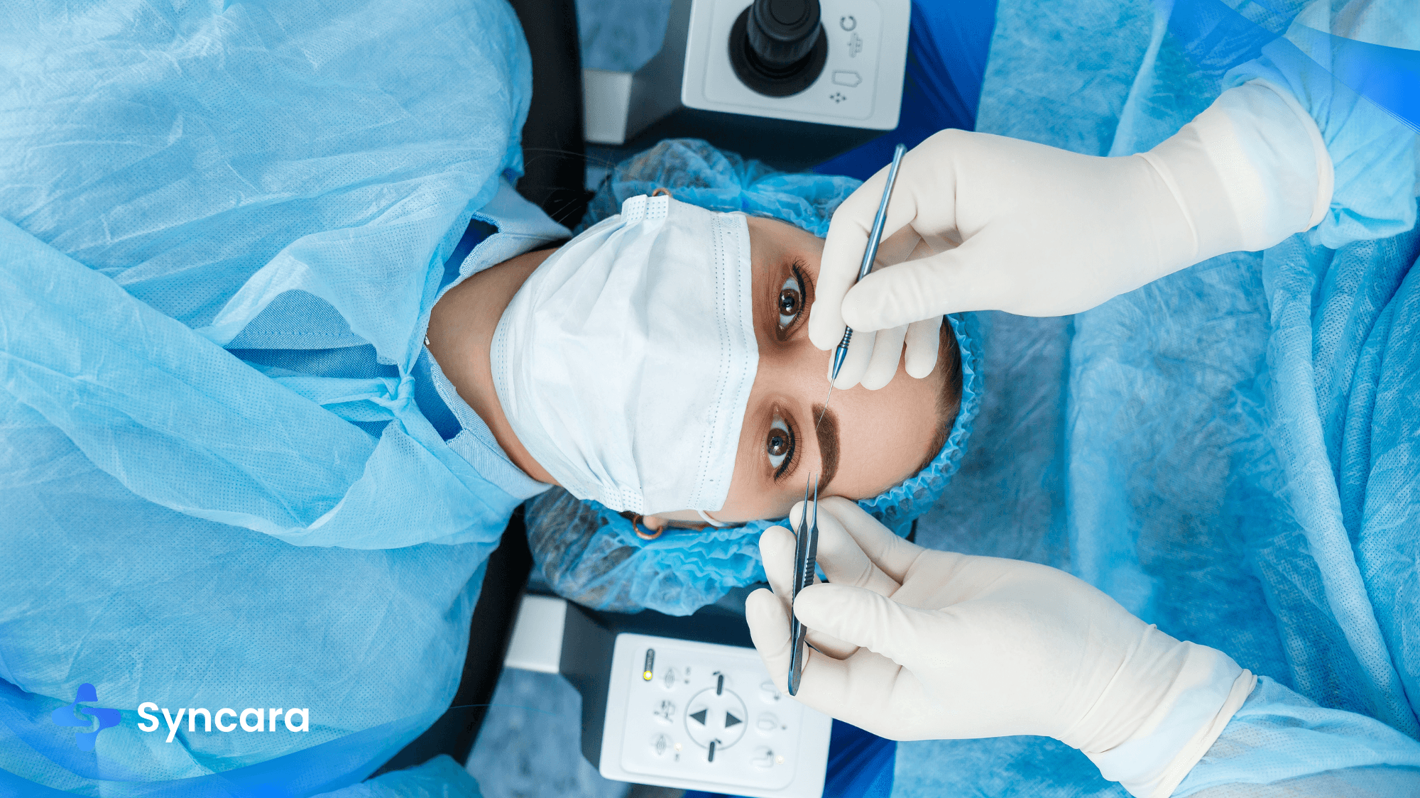 Patient undergoing LASIK eye surgery with a laser device positioned over their eye.