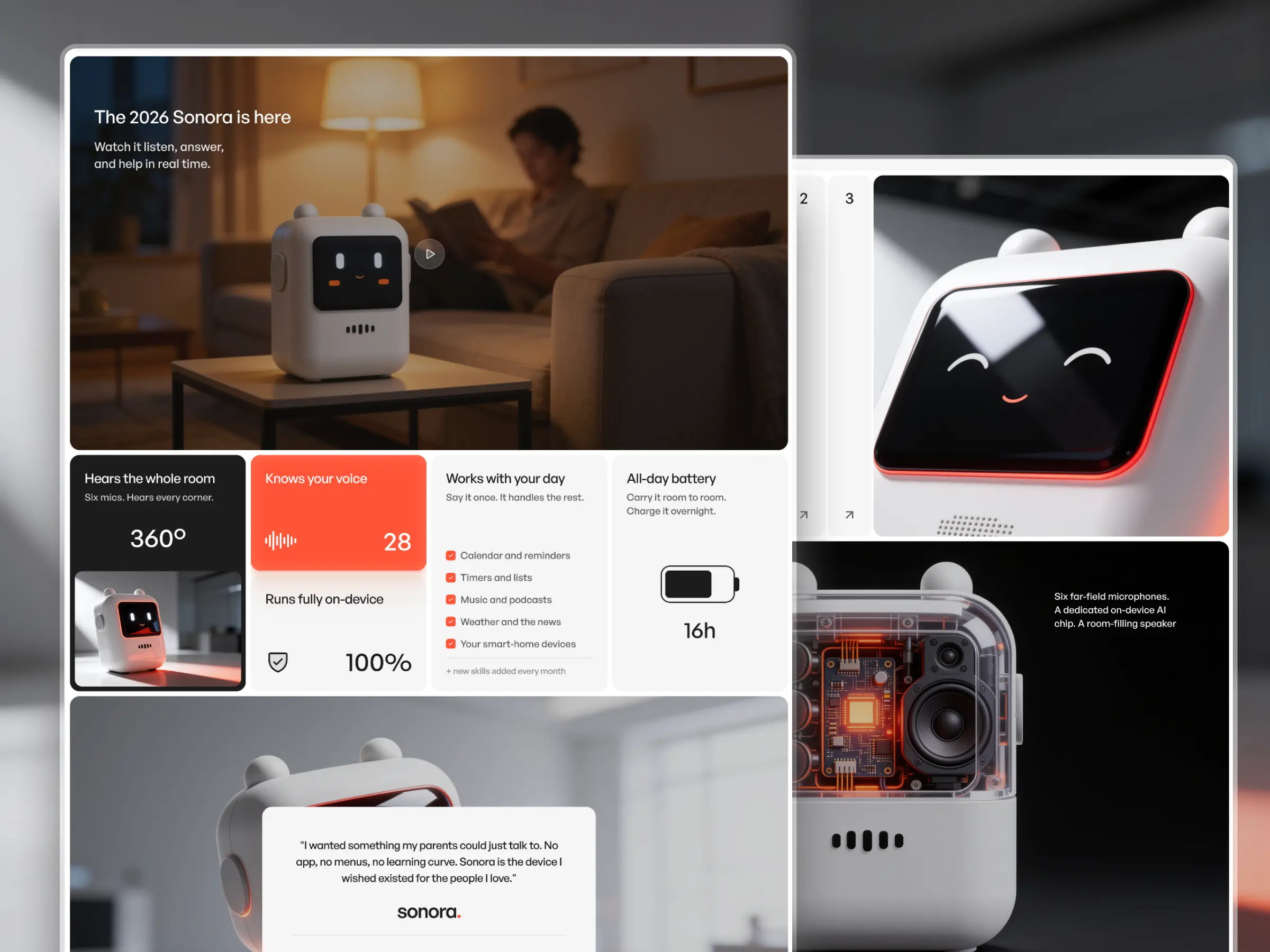 Sonora device page showing specs, mic array and lifestyle shots