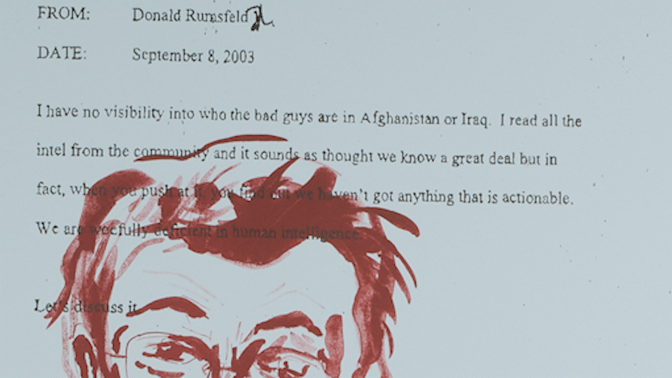 GIF animating zoomed in scroll of lithograph made of Rumsfeld's memo.