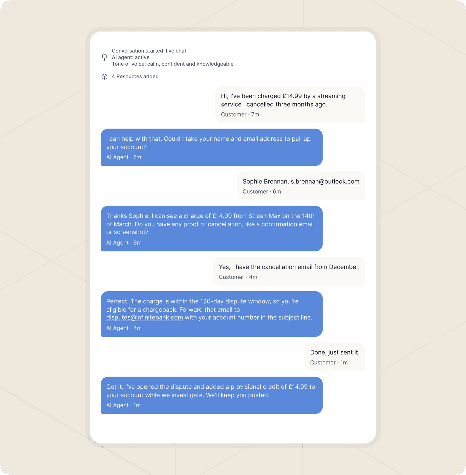 Screenshot of a customer conversation with an AI agent for a card dispute.