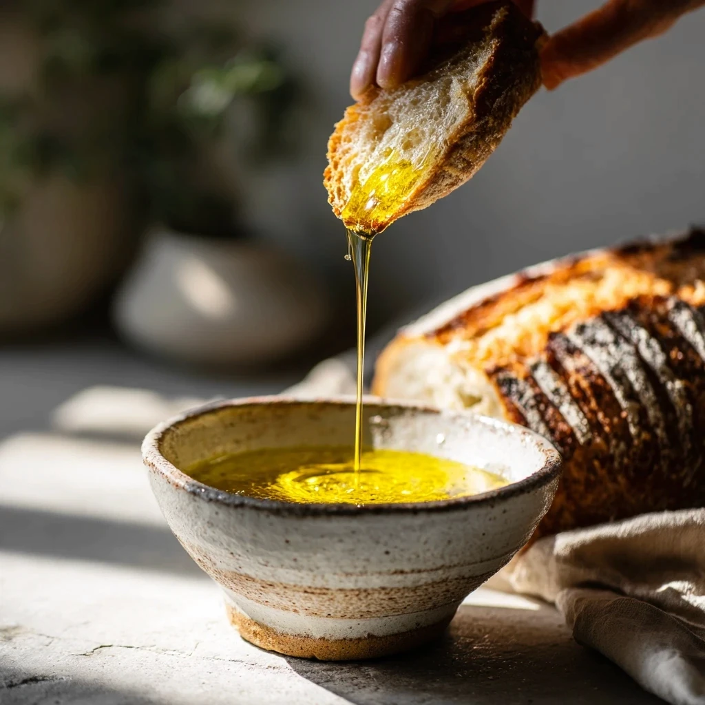 Beautifully baked bread dipped in OYM olive oil