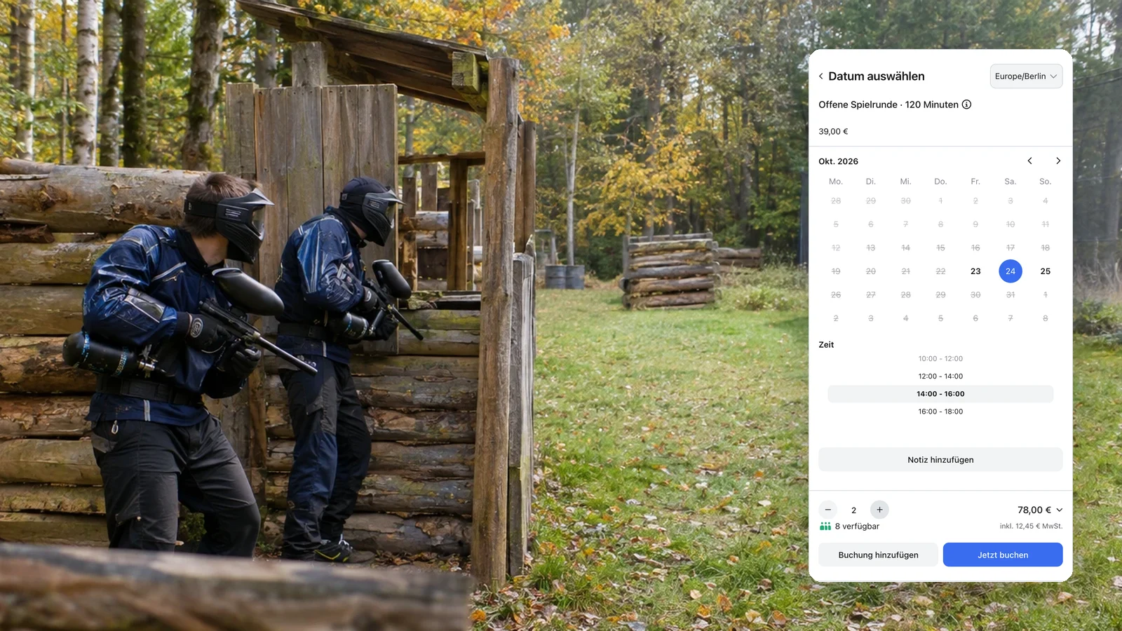 Echte anny Buchung im fiktiven Waldrevier Paintball am 24. Oktober, 14–16 Uhr, zwei Plätze für 78 €