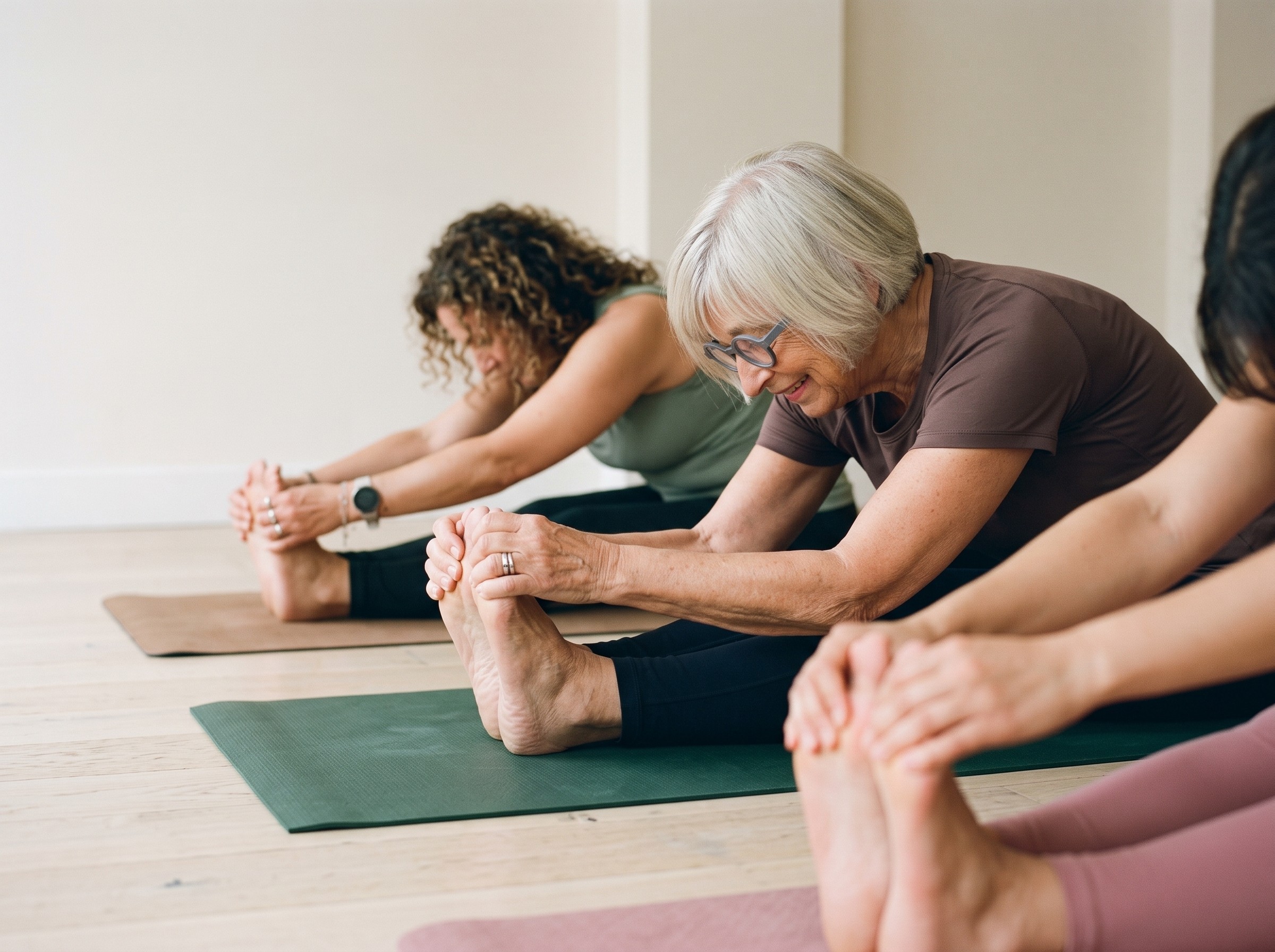 Students stretching forward on their mats during a class at A Place yoga studio