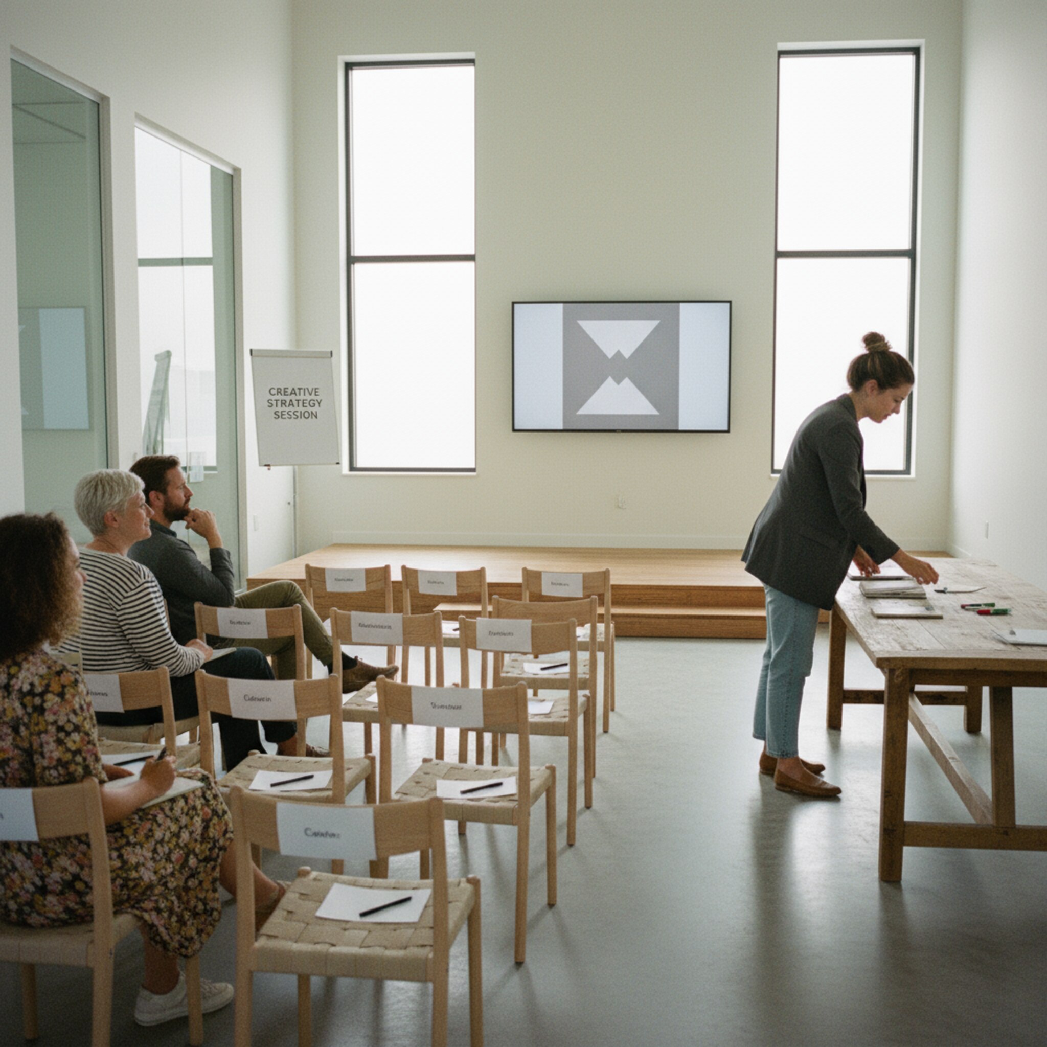 Ein moderner Workshopraum mit Reihen aus Stühlen, auf jedem liegt ein Namensschild und ein Stift. An der Tür hängt ein schlichtes Hinweisschild zur Session. Eine Person platziert letzte Materialien, während Teilnehmende ruhig Platz nehmen. Das Licht ist weich, die Kapazität klar erkennbar.