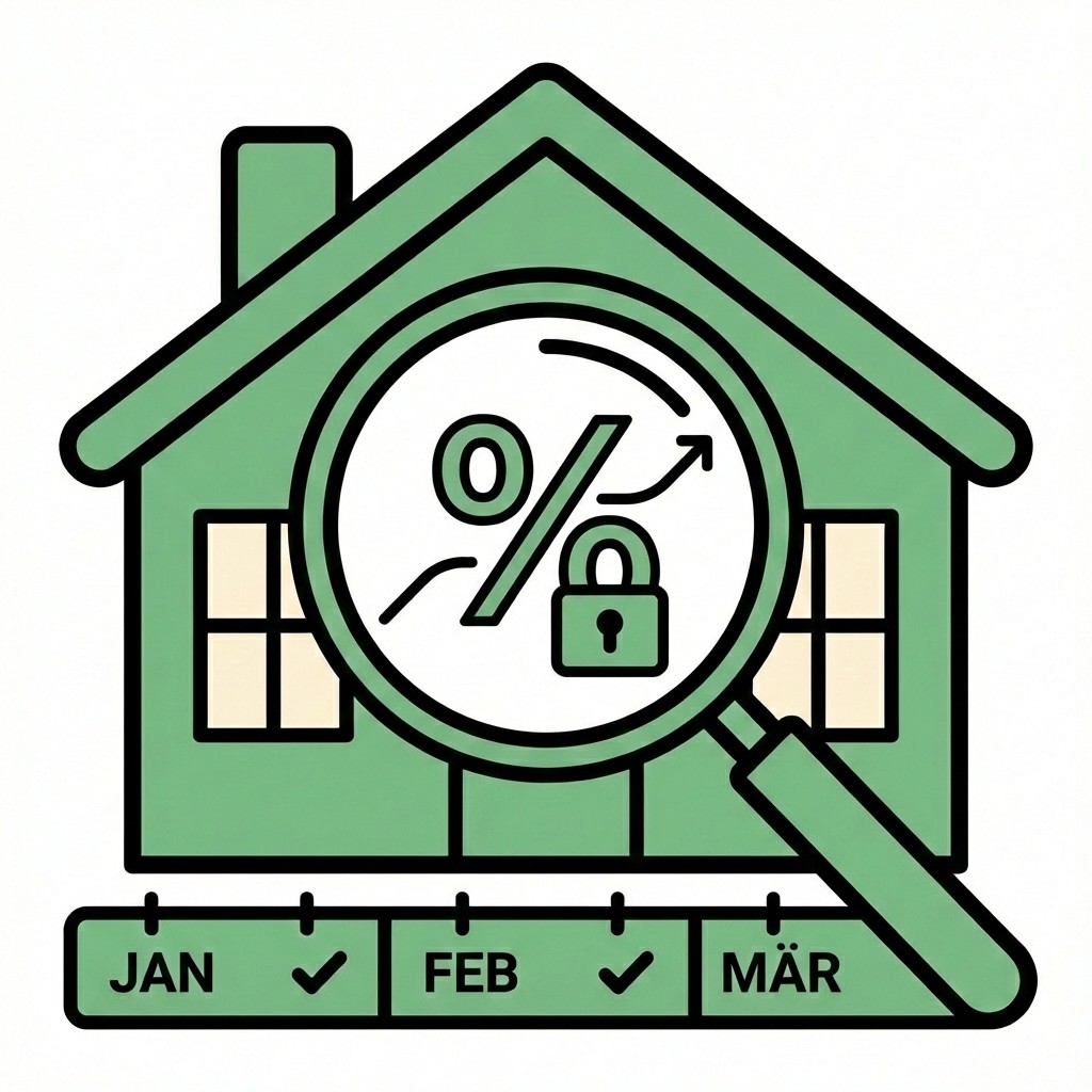 Haus-Grafik mit Lupe, die ein Prozentzeichen und Schloss zeigt. Darunter eine Zeitleiste für Jan-März, die Zinsbindung symbolisiert.