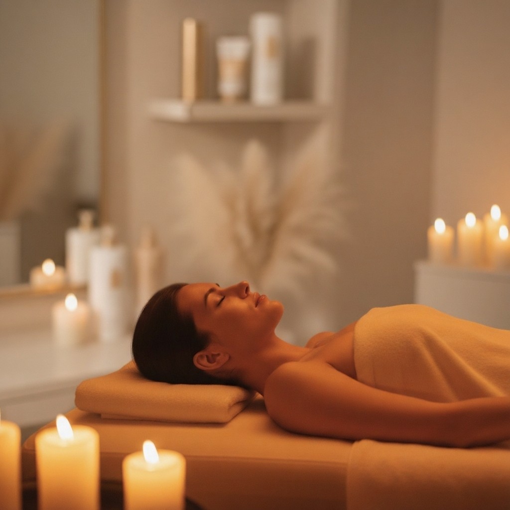 A woman relaxing during an evening massage at Havie & Moon in Dubai Hills Estate. Surrounded by candlelight and warm tones, she embodies calm and inner balance — the essence of the Dubai Evening Ritual.