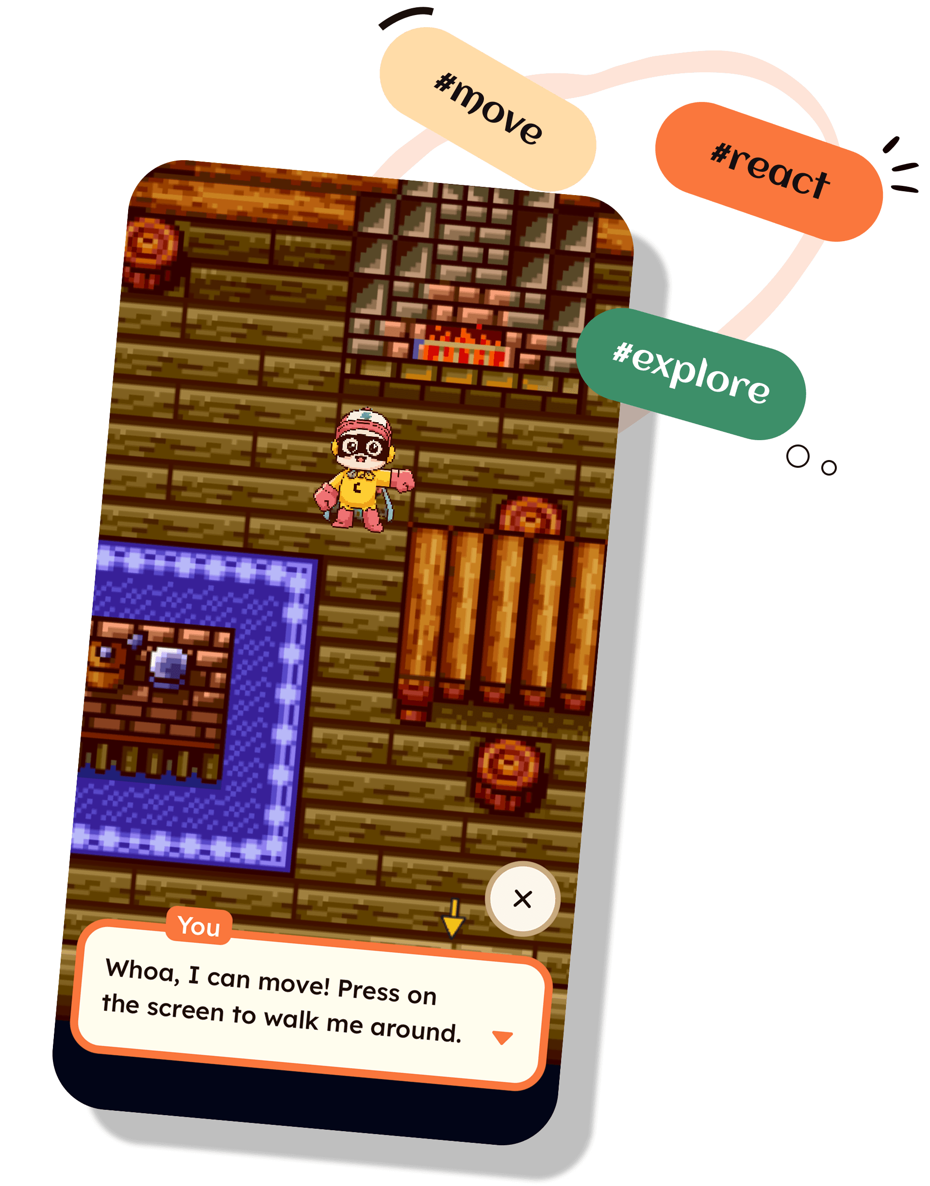 Custom AI character inside a pixel-style room, showing how users create AI characters to live and act inside an AI Town