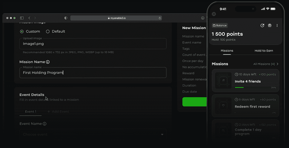 Loyalty platform dashboard for creating a new mission with custom name and event details