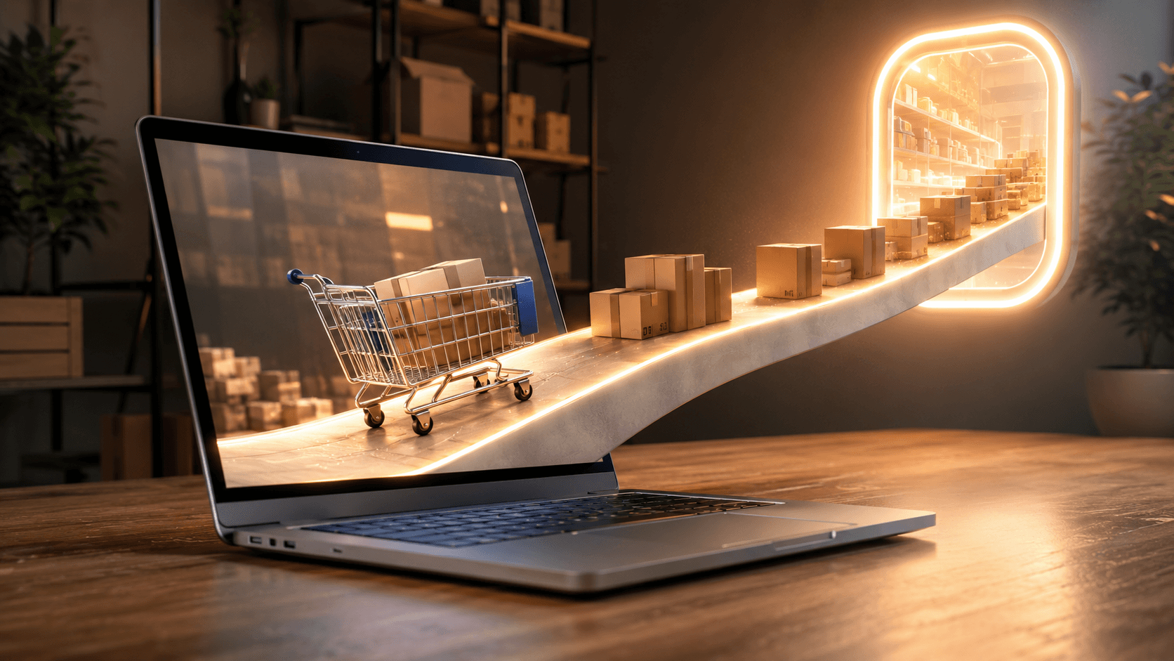 Ilustração 3D realista em formato panorâmico mostrando um notebook sobre uma mesa de madeira em um ambiente corporativo moderno. Da tela do computador surge uma passarela iluminada que conduz a um portal digital brilhante, simbolizando uma transição natural para um novo canal de compras. Sobre a passarela há caixas de produtos e um carrinho de compras, representando pedidos, conveniência e fluxo de compra digital. Ao fundo, prateleiras com mercadorias reforçam o contexto B2B de distribuição e abastecimento. A cena transmite praticidade, autonomia e eficiência no processo de compras online.