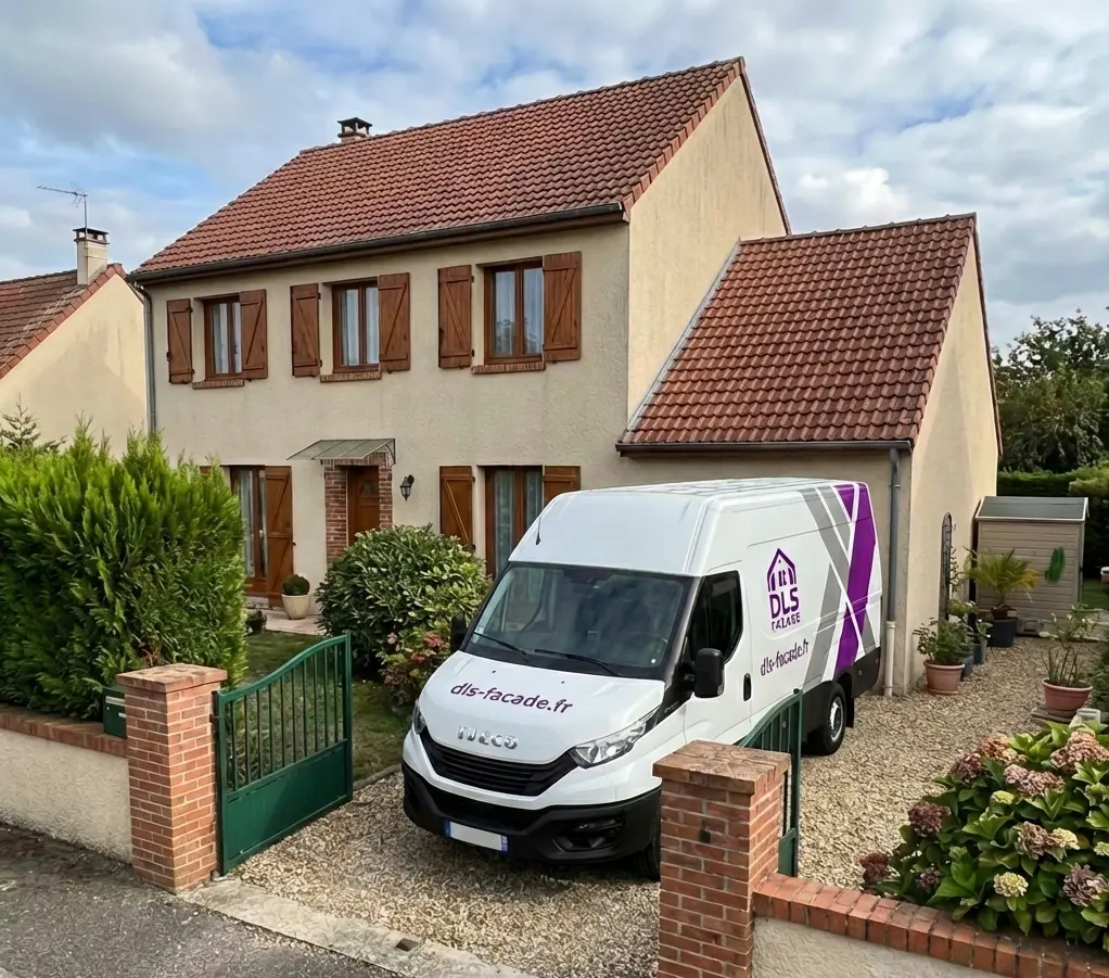 Camion d'intervention de l'entreprise DLS Façade stationné devant une maison individuelle pour un projet d'isolation thermique par l'extérieur (ITE). Service de proximité pour le ravalement de façade et la rénovation énergétique dans la Drôme et l'Ardèche.
