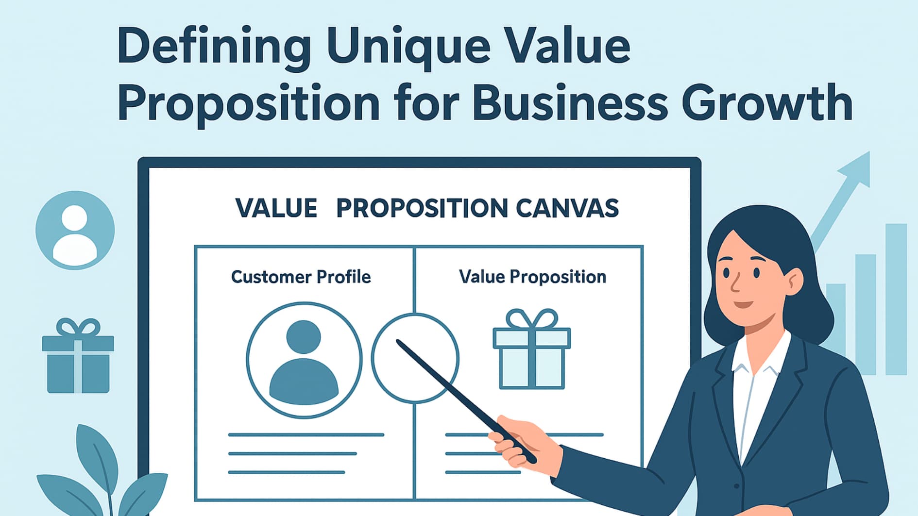 Illustration of defining unique value proposition for business growth using a value canvas and strategy icons.