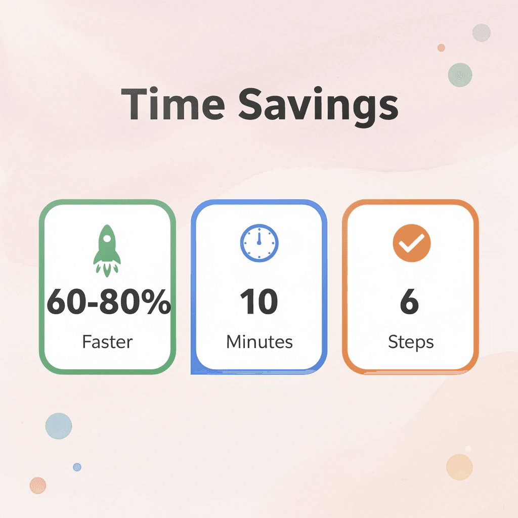 Statistics showing 60-80% faster processing, 10 minutes total time, 6 steps - Document Review Best Practices
