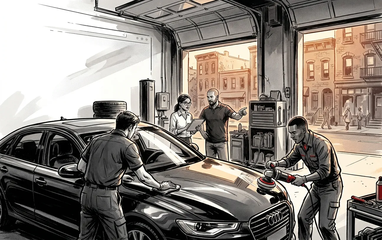 Modern garage with a team polishing a car, illustrating RockN' Socials Digital Marketing Agency.