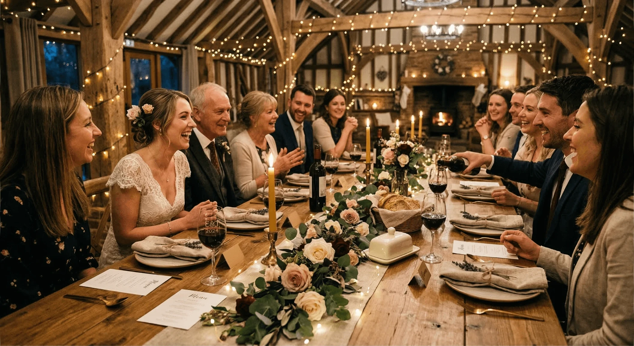 Rustikale Hochzeit auf der Schwäbischen Alb: Gäste genießen das Hochzeitsmenü in einer gemütlich beleuchteten Event-Scheune mit warmem Kerzenschein.