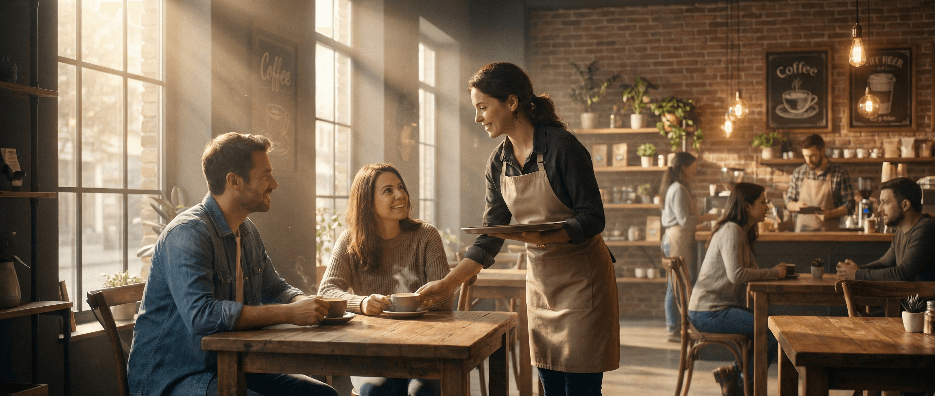 Server placing two cups of coffee on a tray while a couple sits at a table in a warmly lit café interior.
