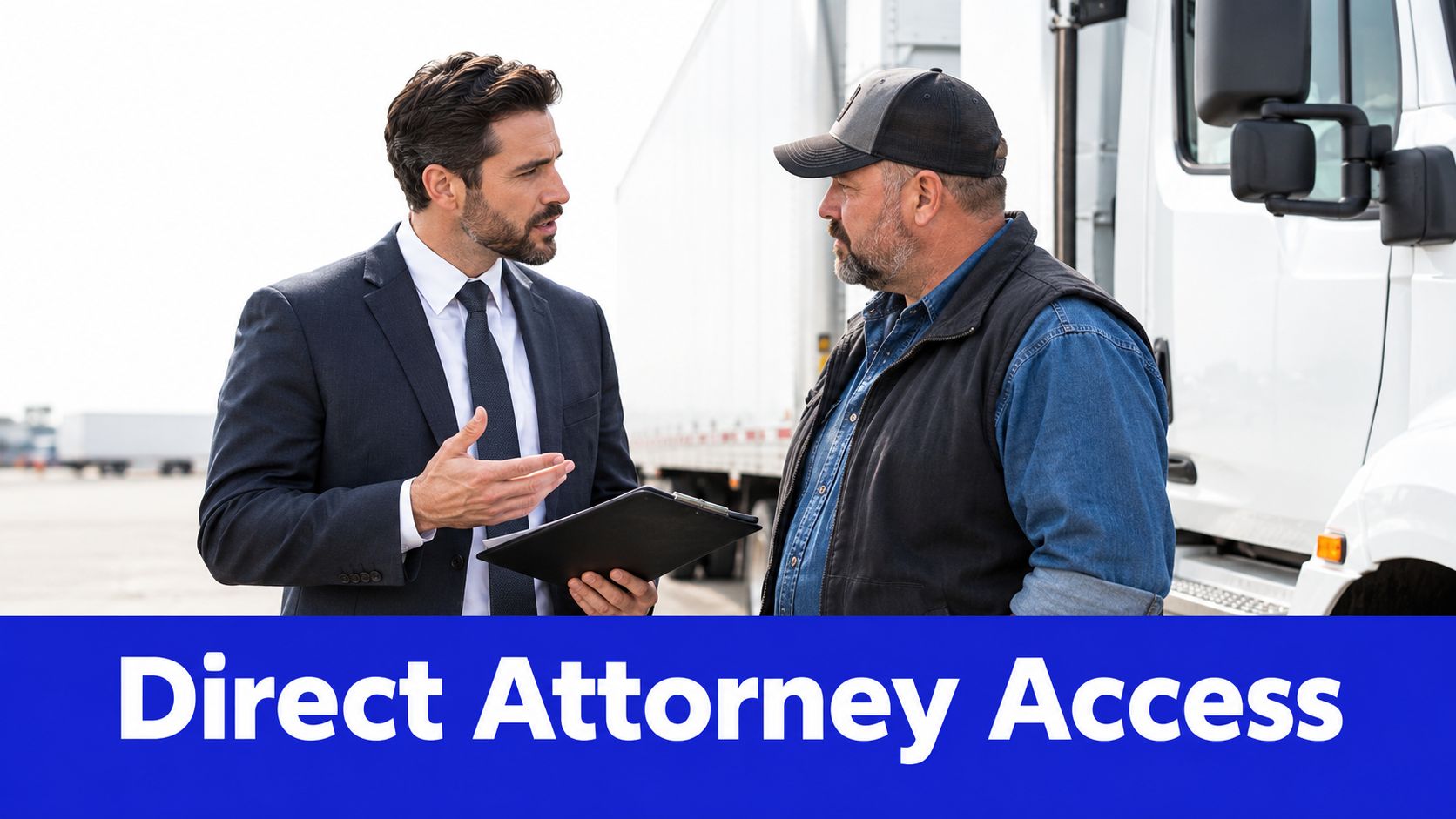 A professional attorney discussing legal matters with a truck driver standing beside a semi-truck.