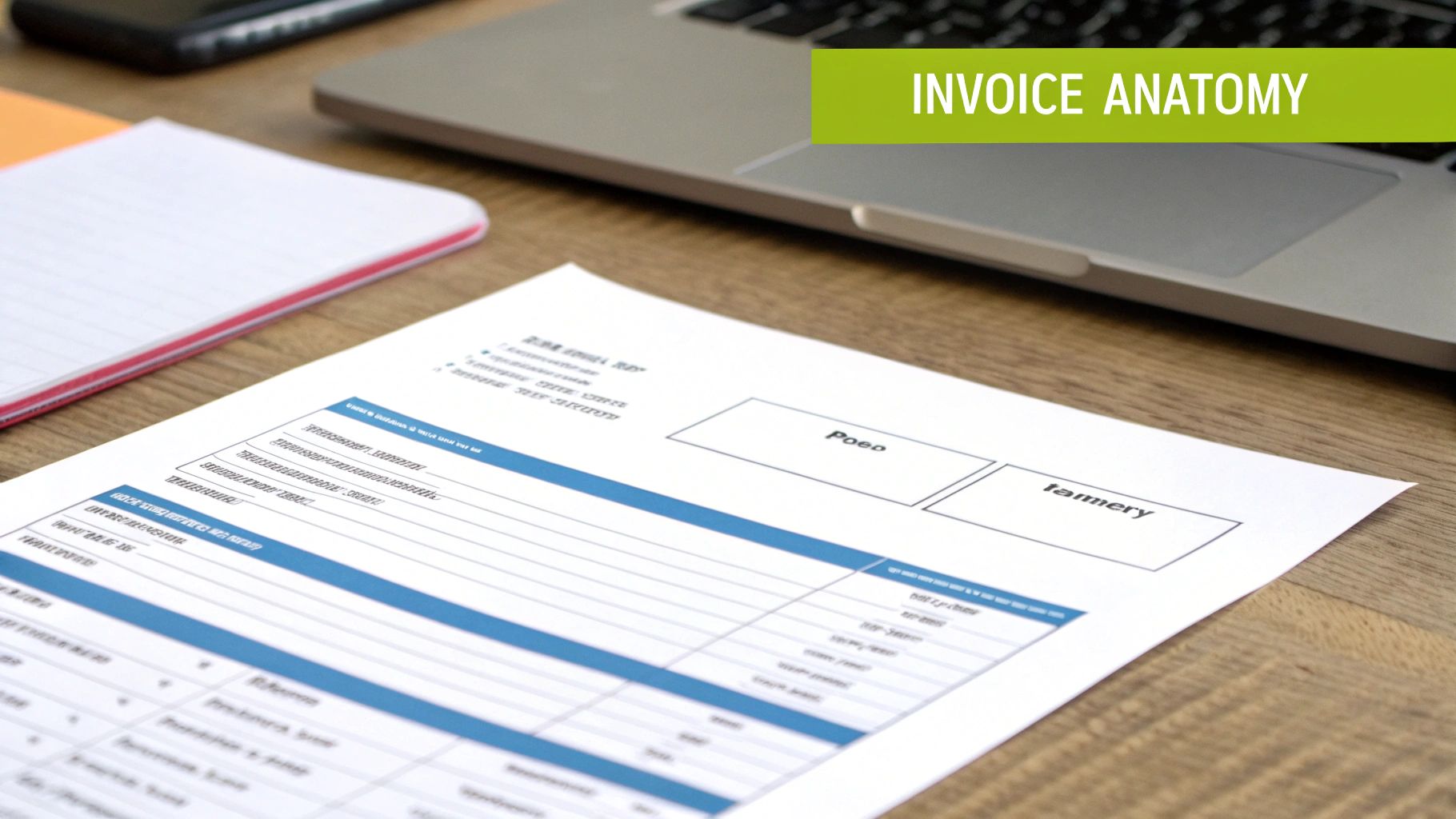 A close-up of a detailed invoice document on a wooden desk, titled 'Invoice Anatomy'.