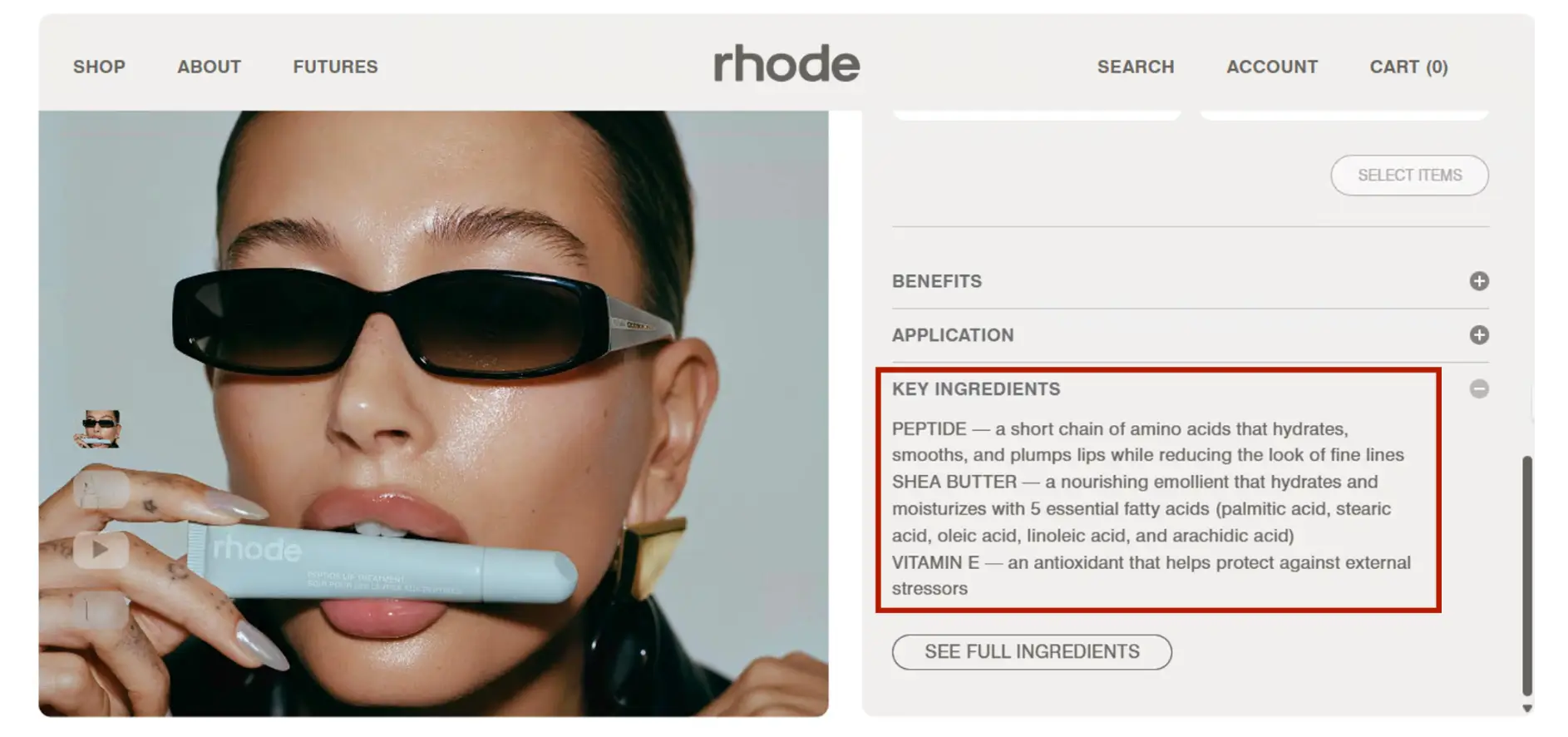Hailey Bieber for Rhode Skincare wearing sunglasses and holding a Peptide Lip Treatment tube.
