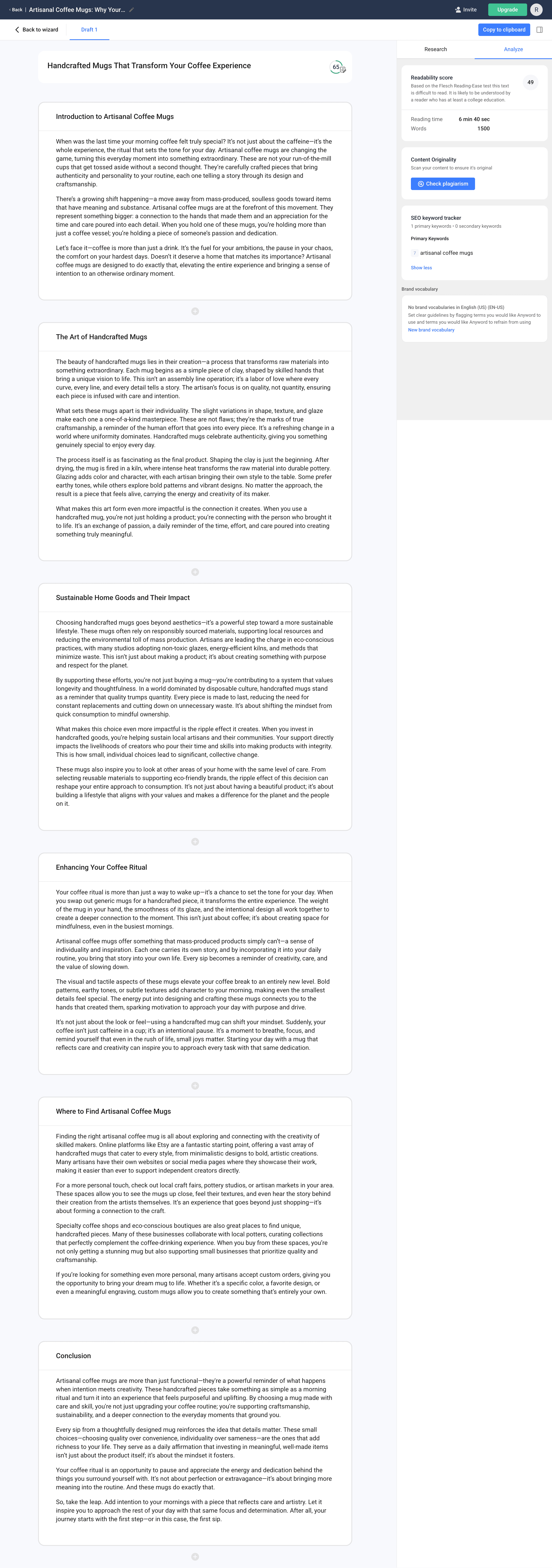 Anyword blog post editor with performance scoring and SEO panel