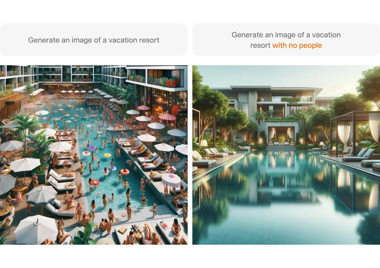 An example of prompting using negative prompt - a vacation resort with and without people