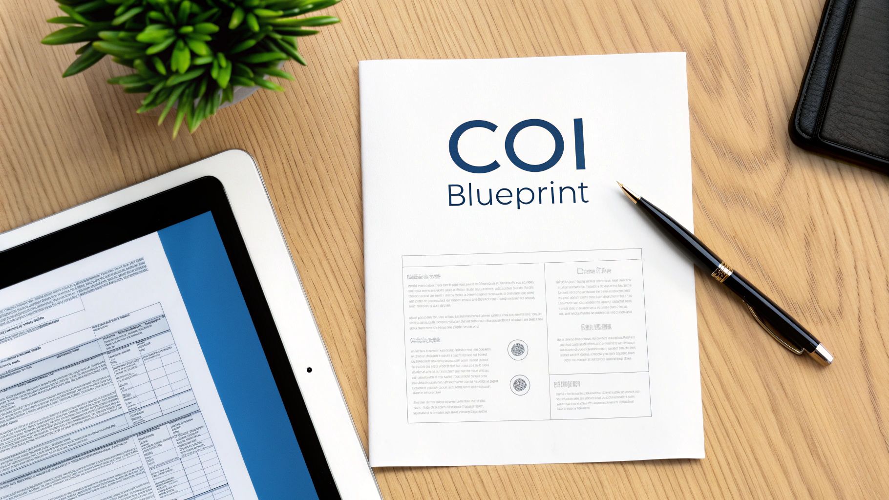 Desk flat lay featuring a 'COI Blueprint' document, digital tablet, pen, and green plant.