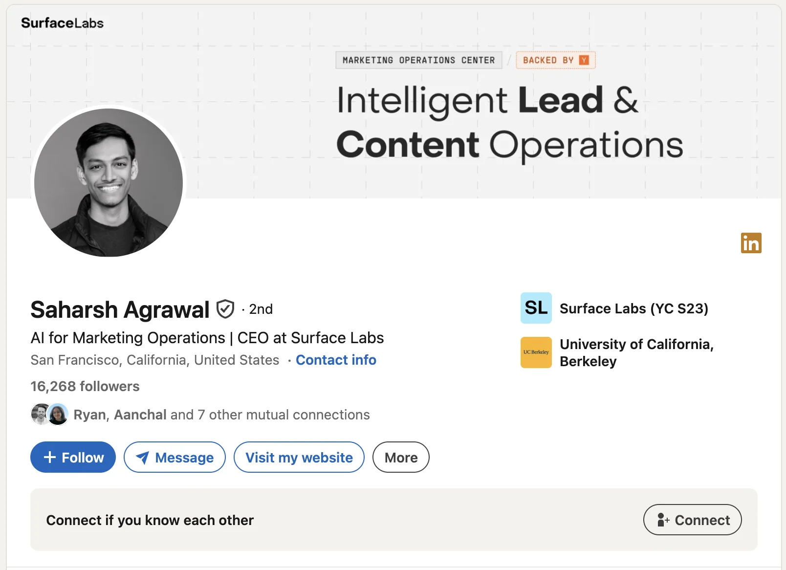LinkedIn profile: Saharsh Agrawal, co-founder and CEO of Surface Labs