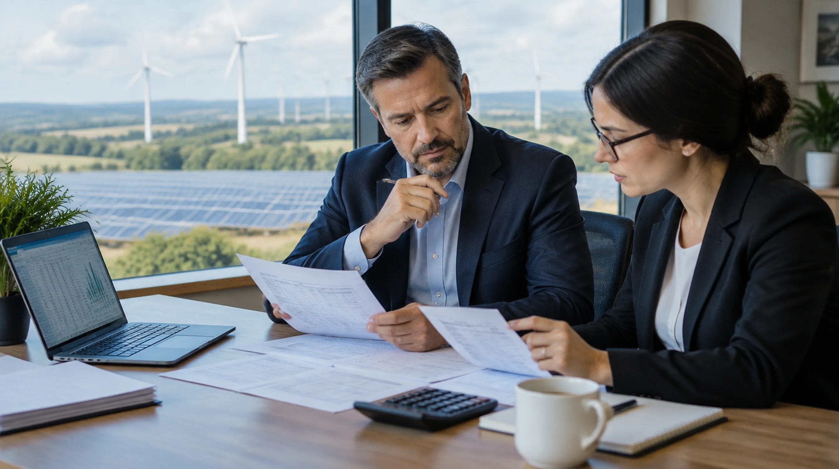 CFO and tax accountant reviewing printed IRS tax forms and a spreadsheet at a desk, with a wind farm and solar array visible through the office window