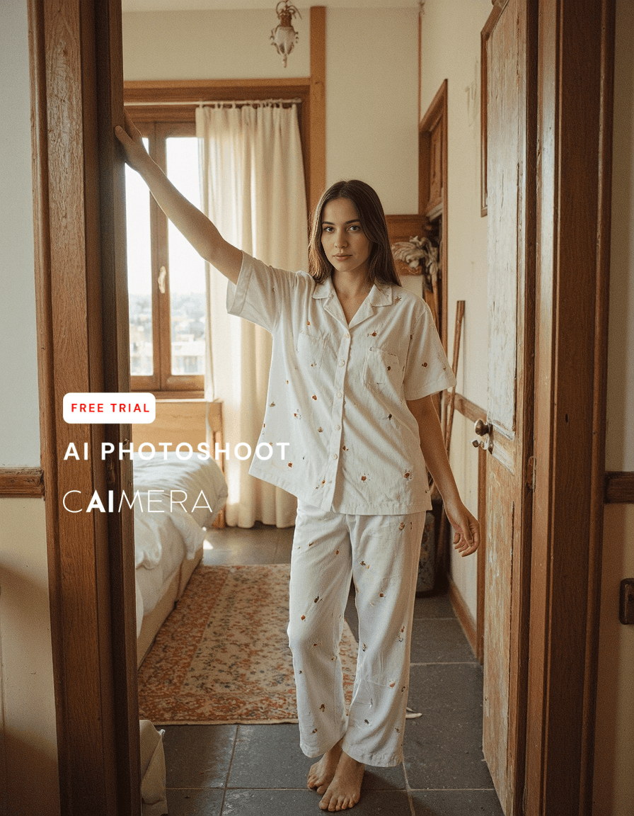Stylish white pajama set with delicate floral embroidery showcased in a sunlit doorway with wooden frames and cozy bedroom background