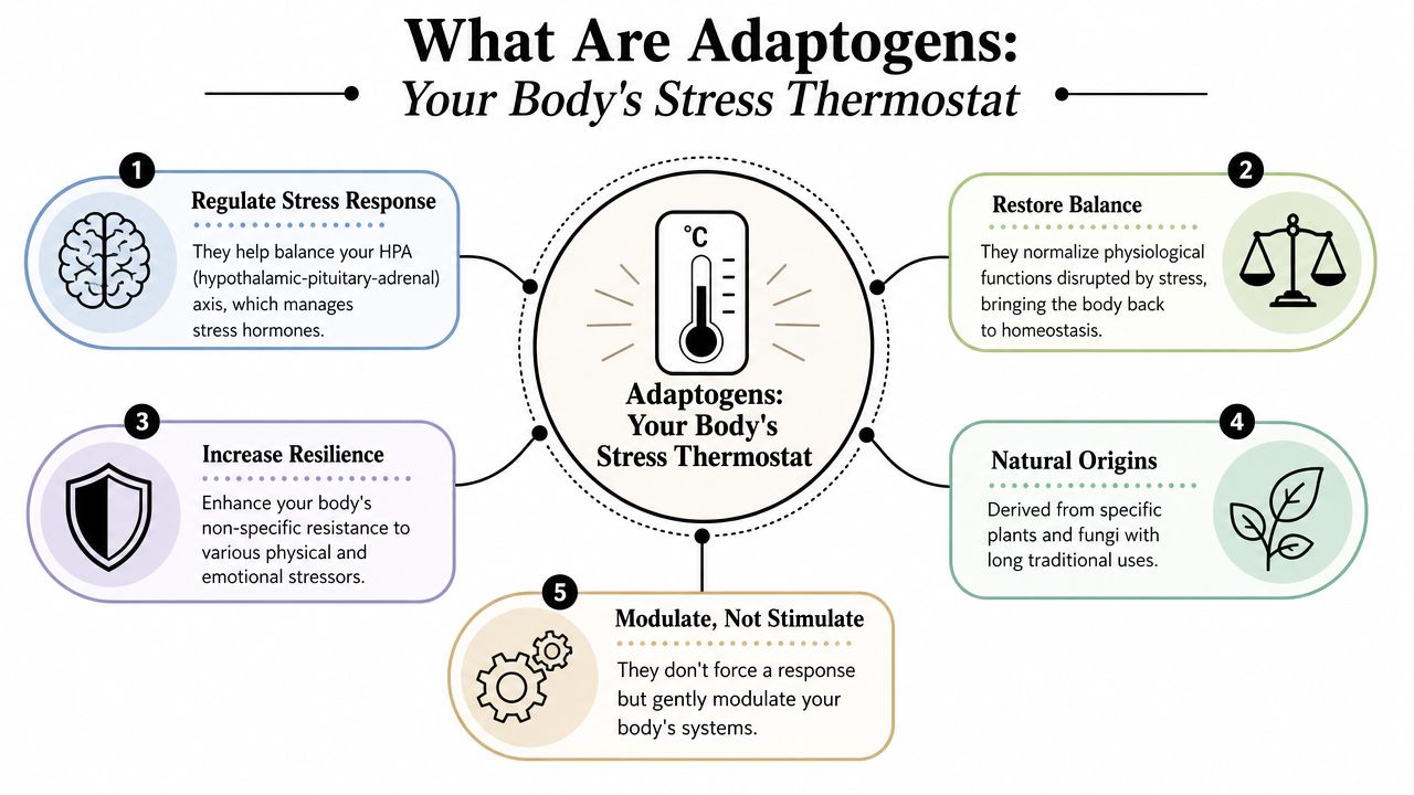 An infographic titled What Are Adaptogens explaining five key benefits of adaptogens as a body stress thermostat.