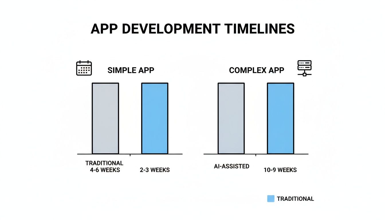 Bar chart comparing traditional vs AI-assisted app development timelines for simple and complex applications.