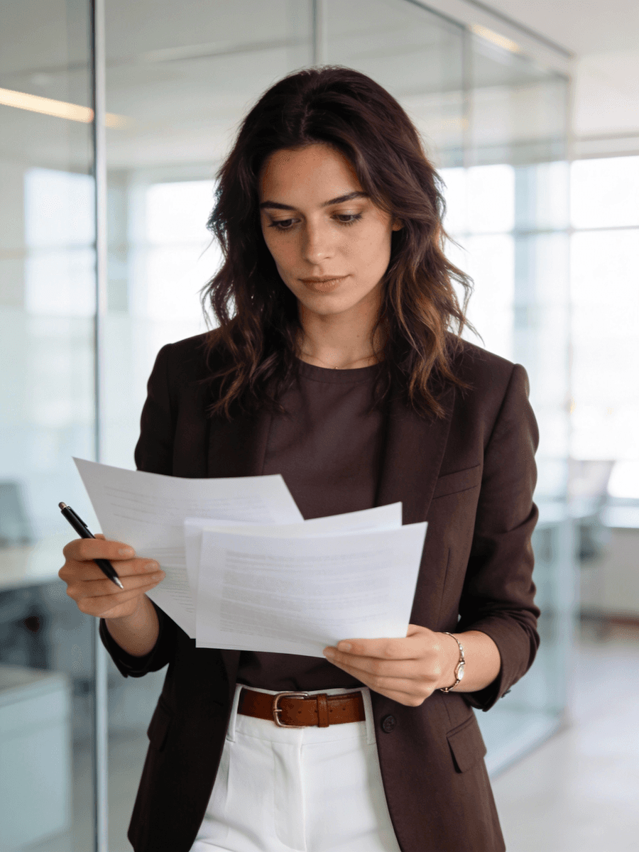 A woman holding documents in an office