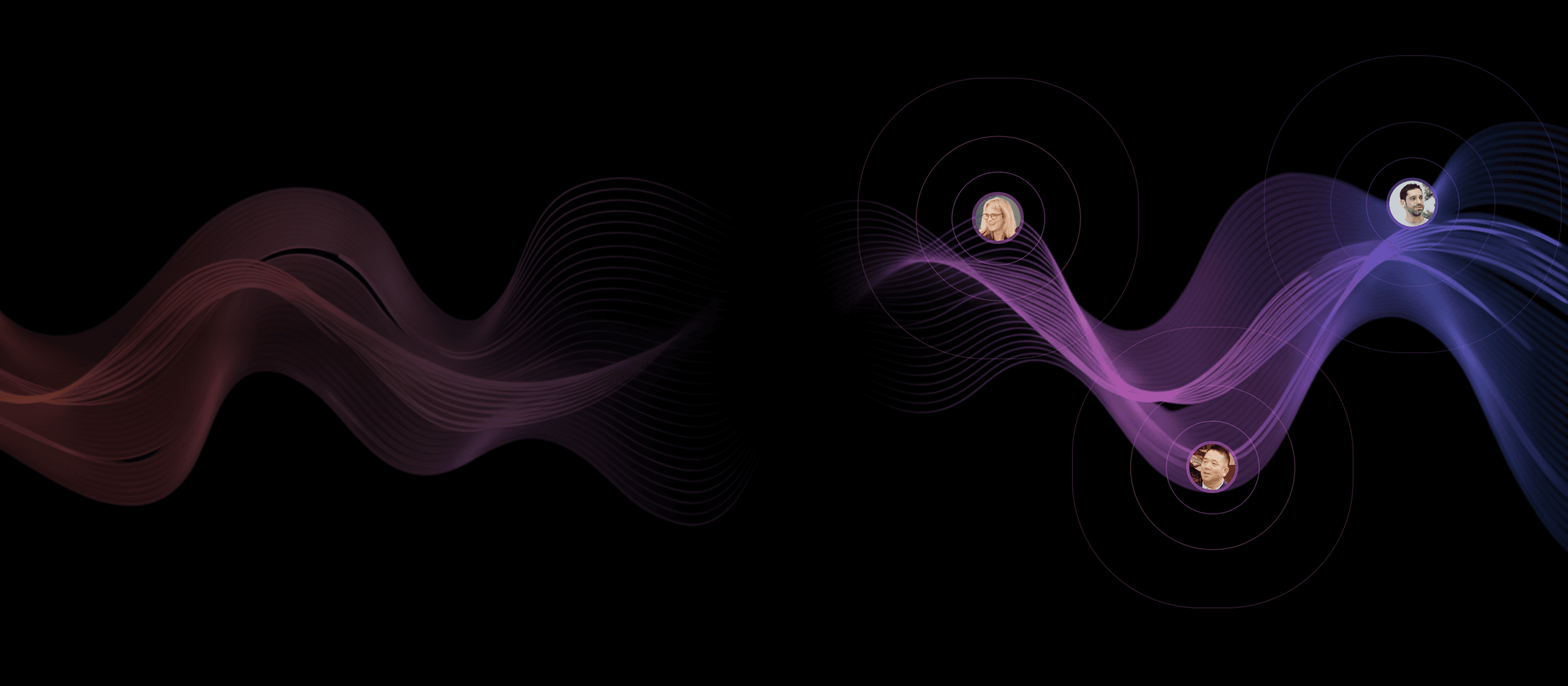 Dark audio wave background with circular speaker avatars, connected by echoing sound waves.