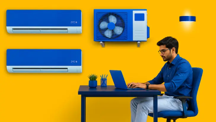 HVAC professional working on a laptop with blue air conditioning units on a yellow wall.