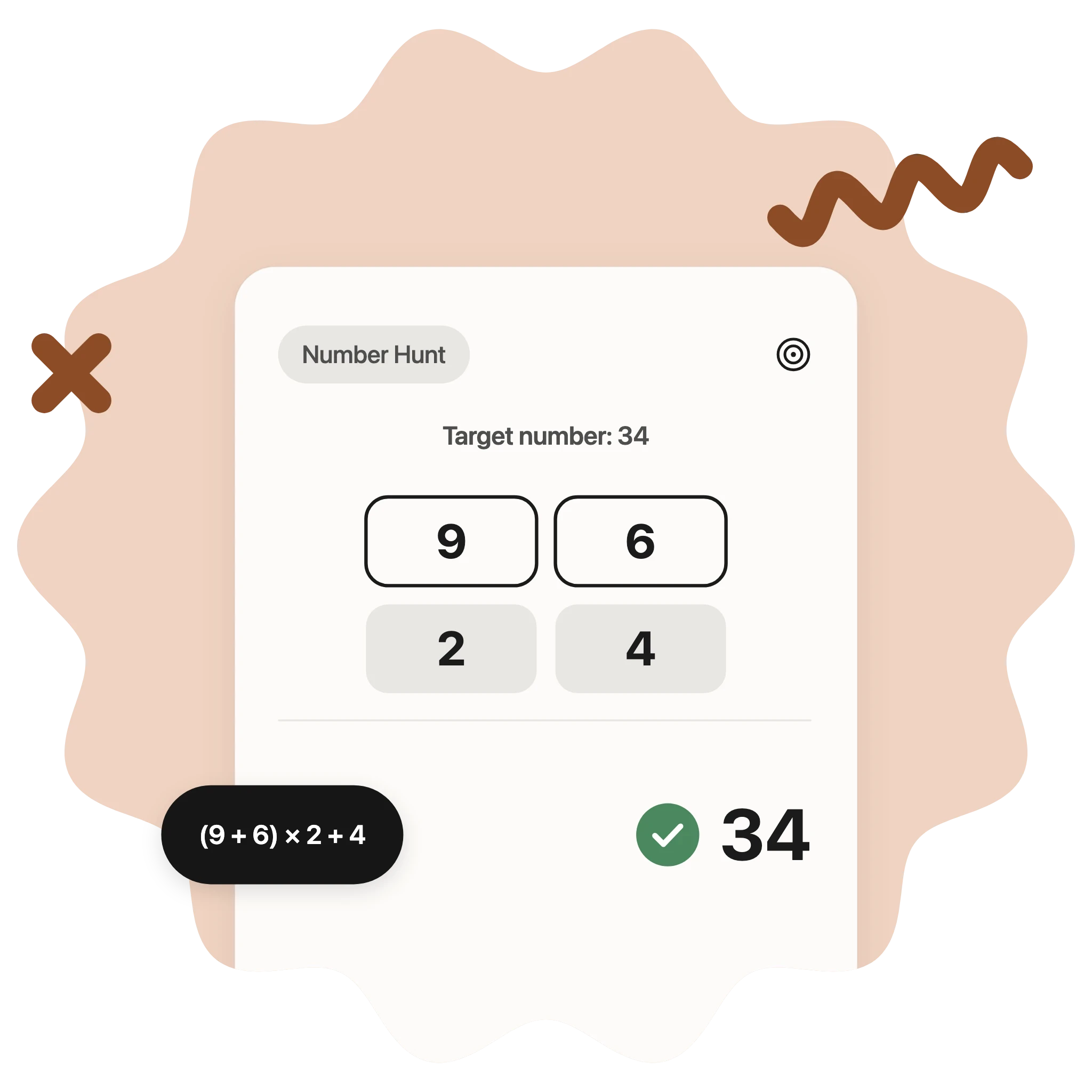 Numbio Number Hunt puzzle combining 9, 6, 2 and 4 to reach the target 34.