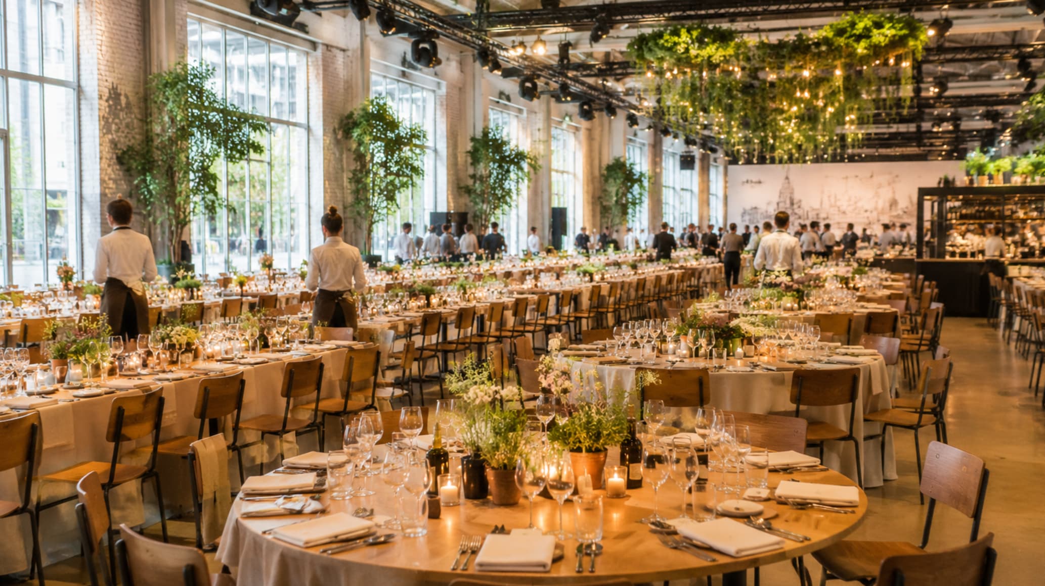 Groots opgezet zakelijk diner voor 200+ gasten in industriële eventlocatie in Amsterdam