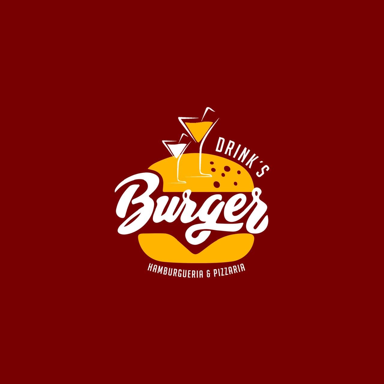 Logotipo da Burger Hamburgueria e Pizzaria com ícone de hambúrguer e drinks, representando restaurante casual e delivery.