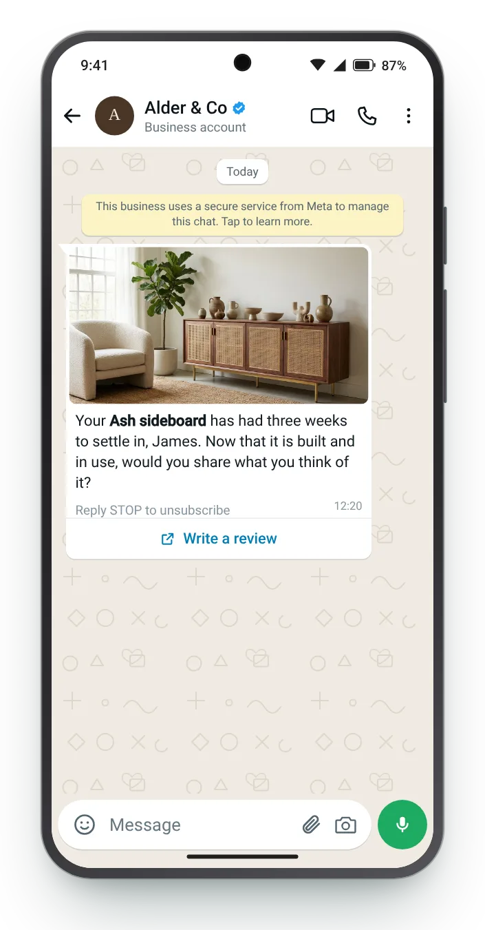 Waiting until it is built and in use: WhatsApp review request on an Android phone