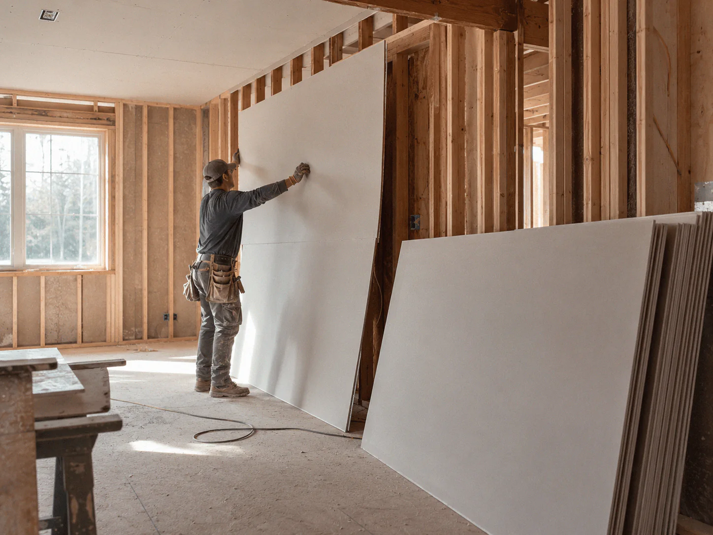 Drywall installation inside a framed room