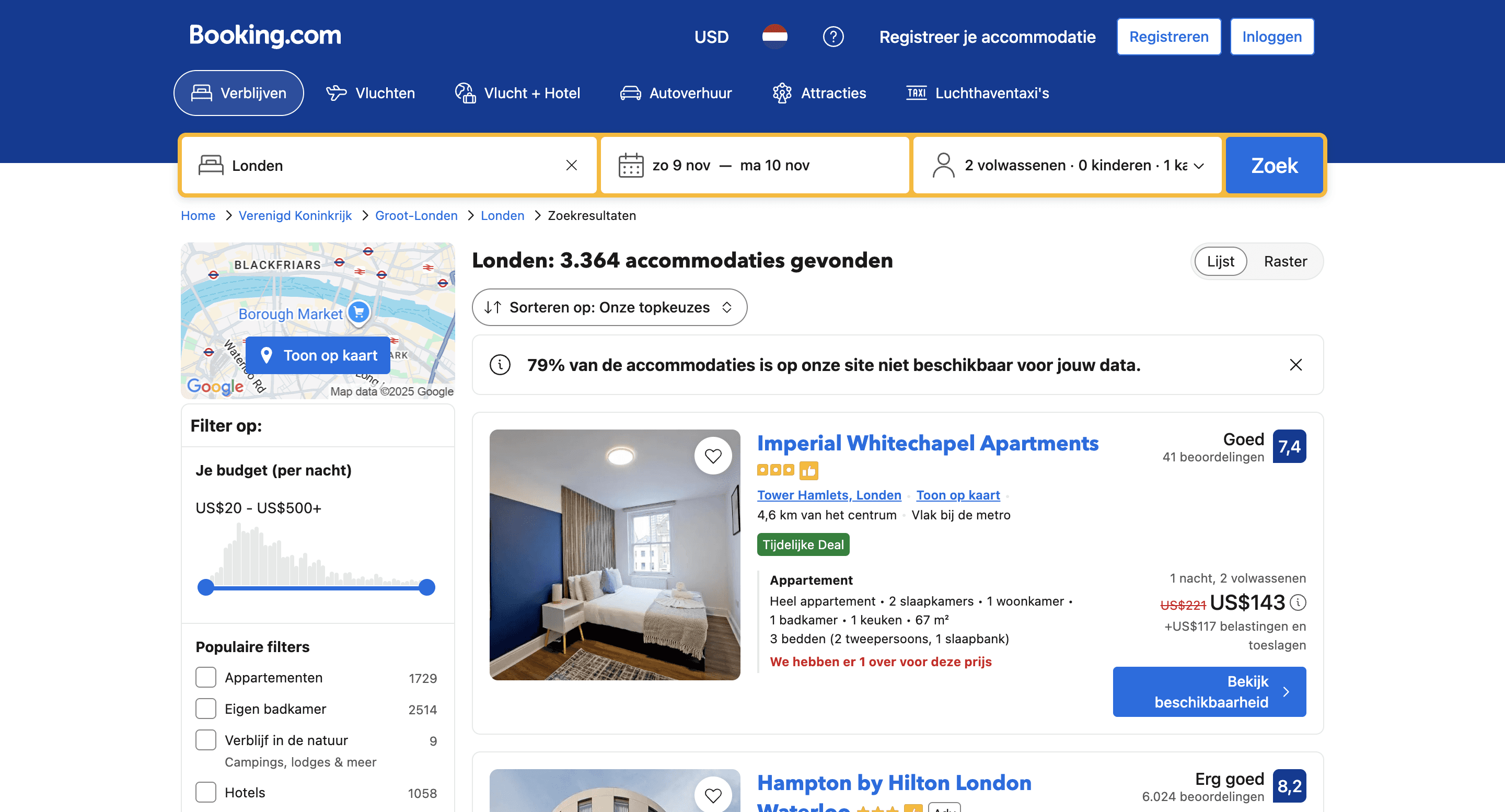 Properties in London listed on Booking.com