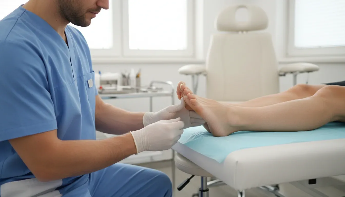 Podiatrist examining the ball of a patient's foot for metatarsalgia symptoms.