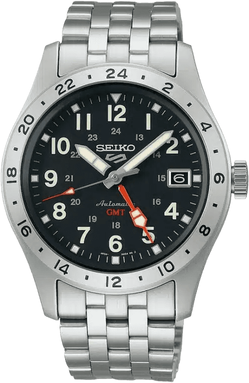 Seiko 5 SSK023 GMT field watch with a black dial, orange GMT hand and steel bracelet.