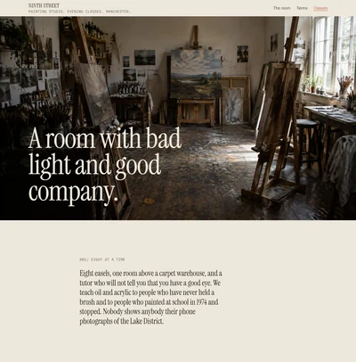 Art studio website built with AI showing a dark studio photograph with easels, a serif headline over the image and an offset statement paragraph on raw paper