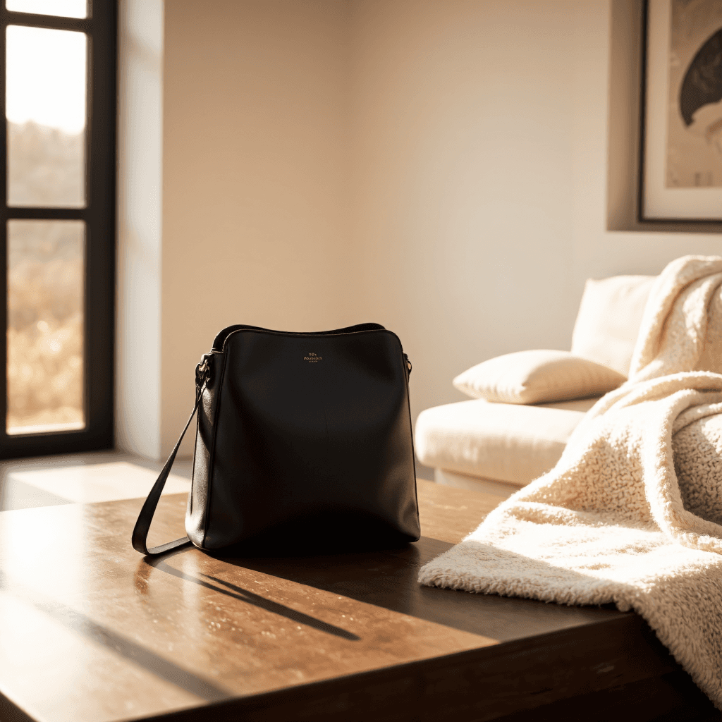 product photography of a black leather handbag with a shoulder strap