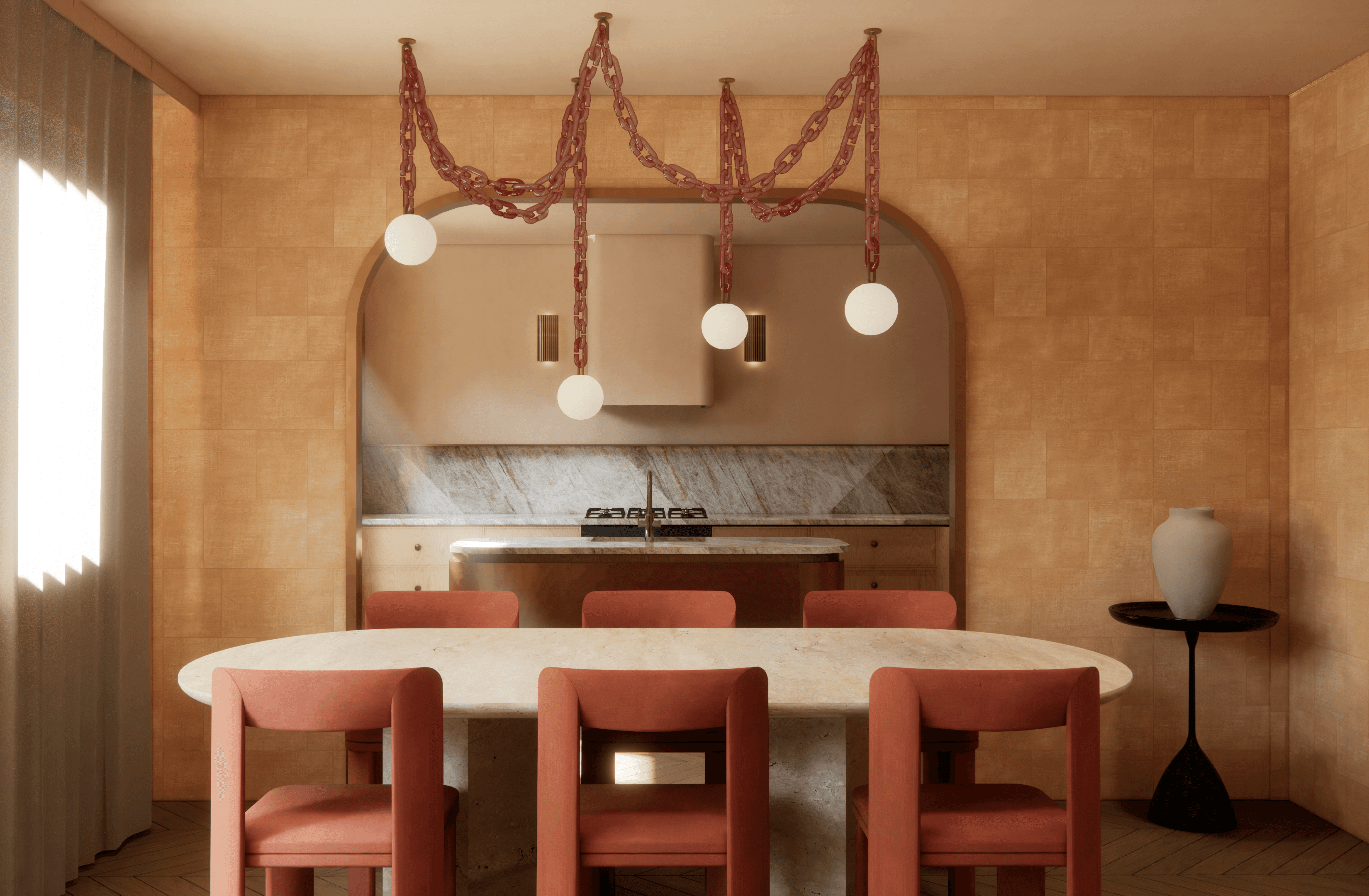 Modern living room with orange wallpaper, whimsical chain pendant light and travertine table.