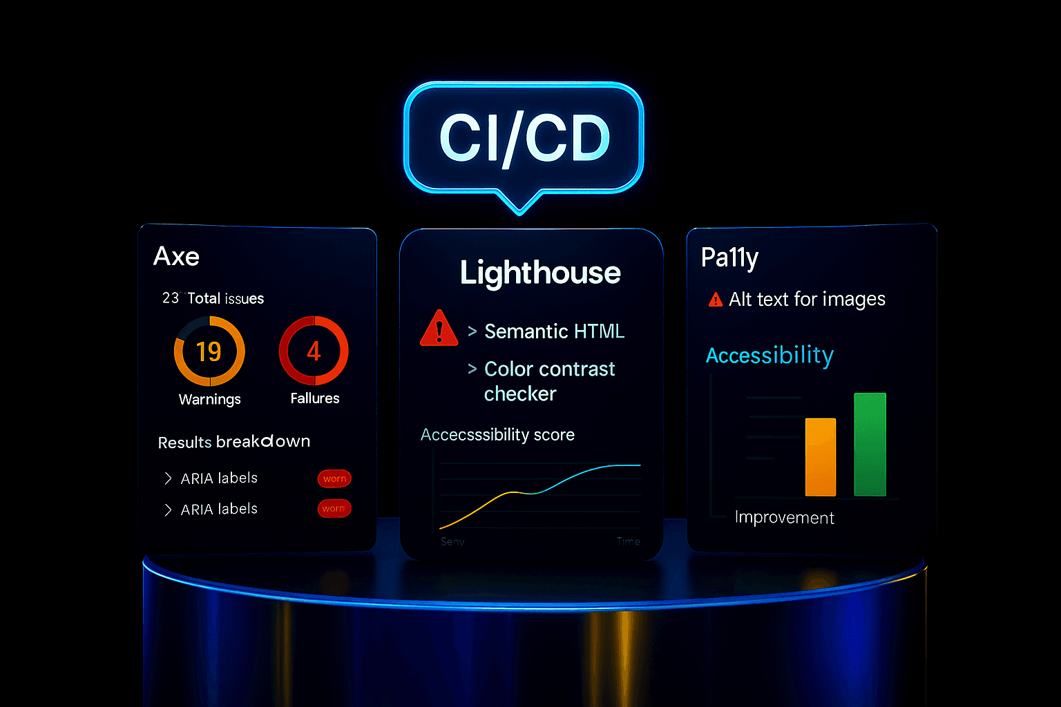 CI/CD pipeline showing automated accessibility checks with Lighthouse, Axe, and Pa11y
