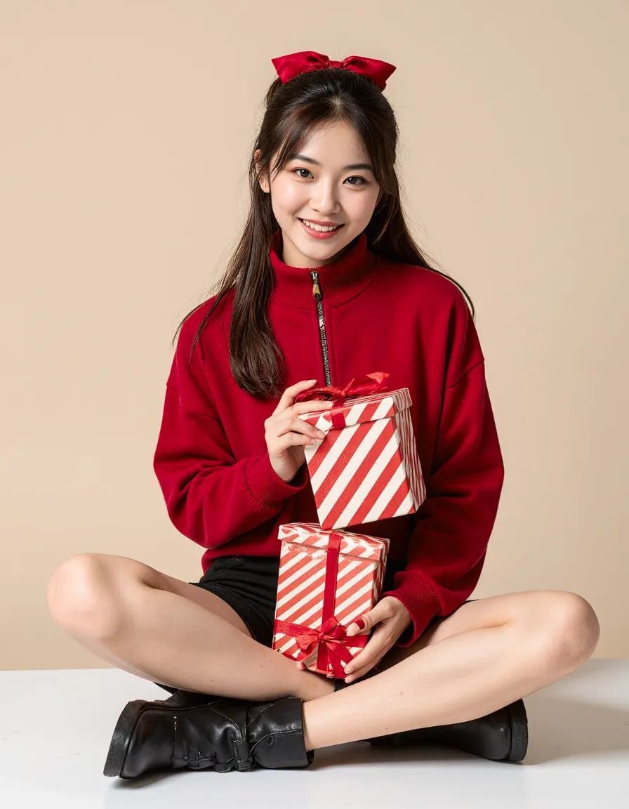 Woman in red sweater with matching bow holding striped Christmas gifts against beige studio background