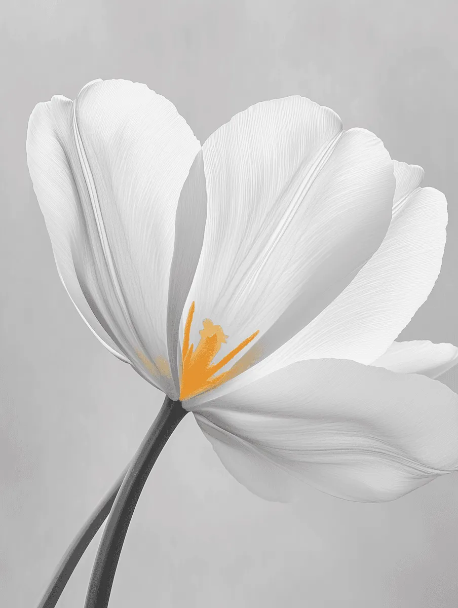 Elegant white tulip blossom showing detailed petal textures against a soft grey background
