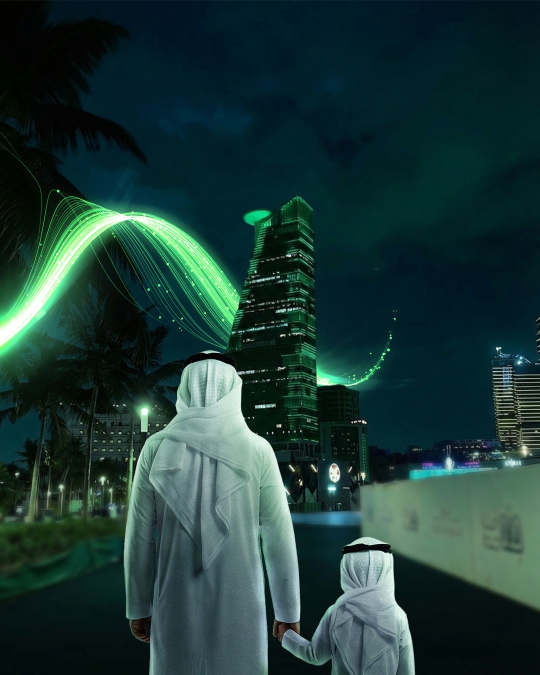 A father and son in traditional Saudi dress watch a city skyline at night, wrapped in ribbons of green light