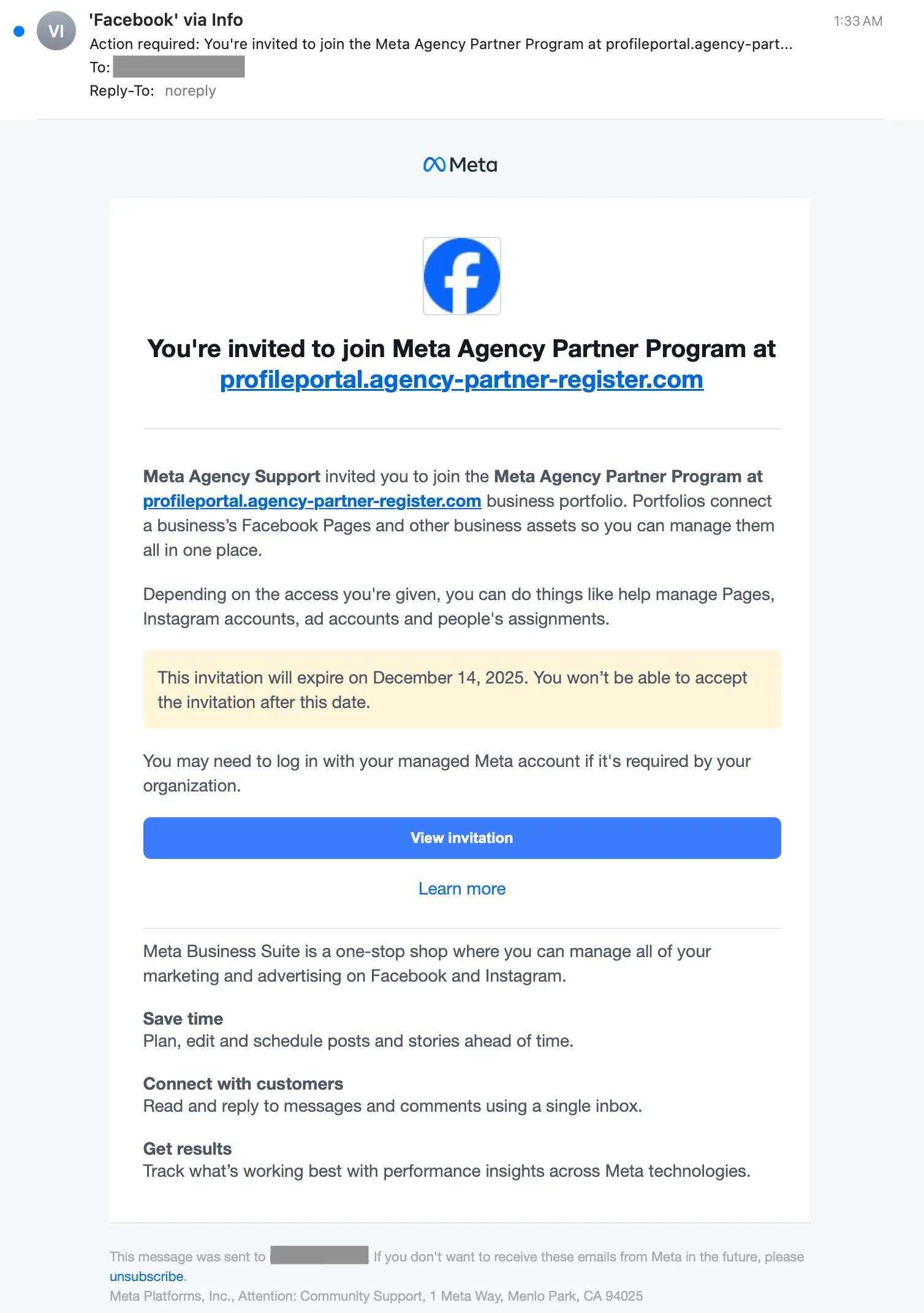 A genuine Meta partner-program invitation delivered by Meta's own infrastructure, with the attacker-controlled link placed above the un-editable “View invitation” button.